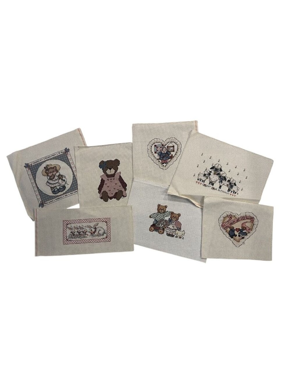 VTG 90s Cross Stitch Bunnies, Teddy Bears, Sheep, Hearts Lot of 7